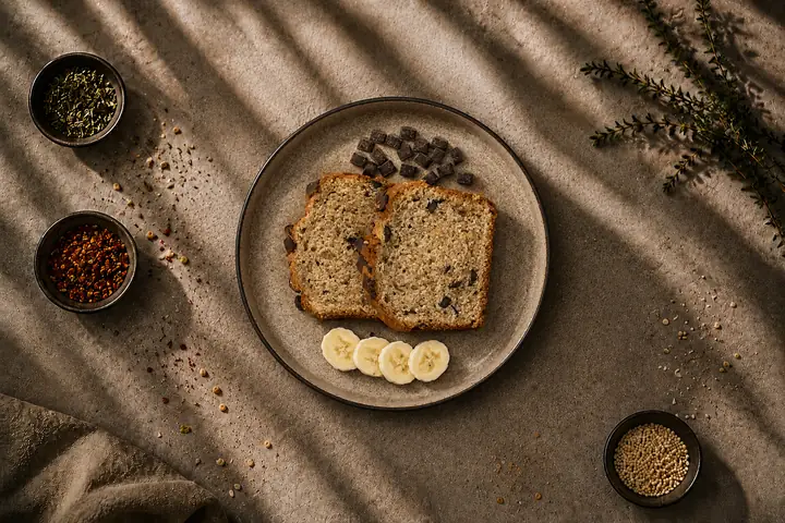 Bananenbrot — Zwei Scheiben mit Zartbitterschokolade, im Haus gebacken.