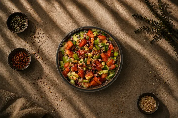 Bauernsalat — Tomate, Gurke, Spitzpaprika, rote Zwiebel. Im Haus geschnitten.