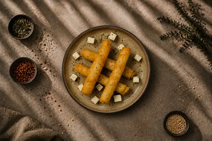 Crispy Cheese Rolls — Vier frittierte Rollen, Hirtenkäse und Petersilie.