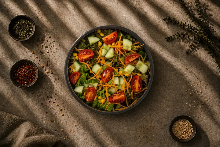 Gemischter Salat — Lollo Bionda, Kirschtomate, Gurke, Karotte, Mais.