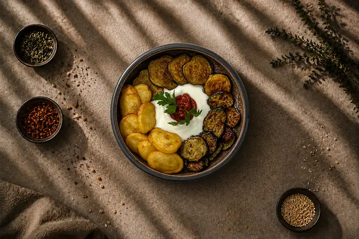 Mediterranes Trio — Aubergine, Zucchini, Kartoffel. Frittiert.