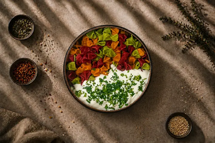 Nature's Palette — Kartoffelfüllung, Teig in drei Farben. Rote Bete, Karotte mit Tomatensaft und Kurkuma, Spinat.