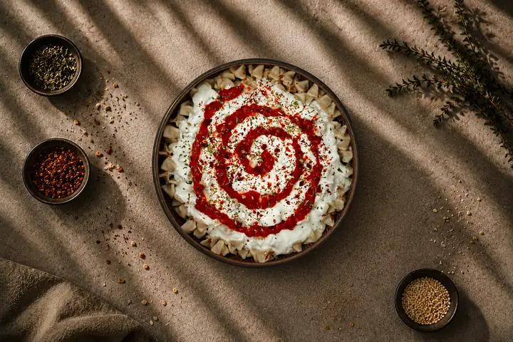 The Original — Kleine Teigtaschen, Rinderhack, Joghurt, Tomatensauce.